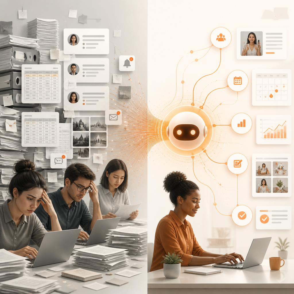 Manual marketing workflows on the left transformed by an AI agent orchestrating tasks on the right